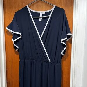 Elegant Navy Blue Dress with White Trim